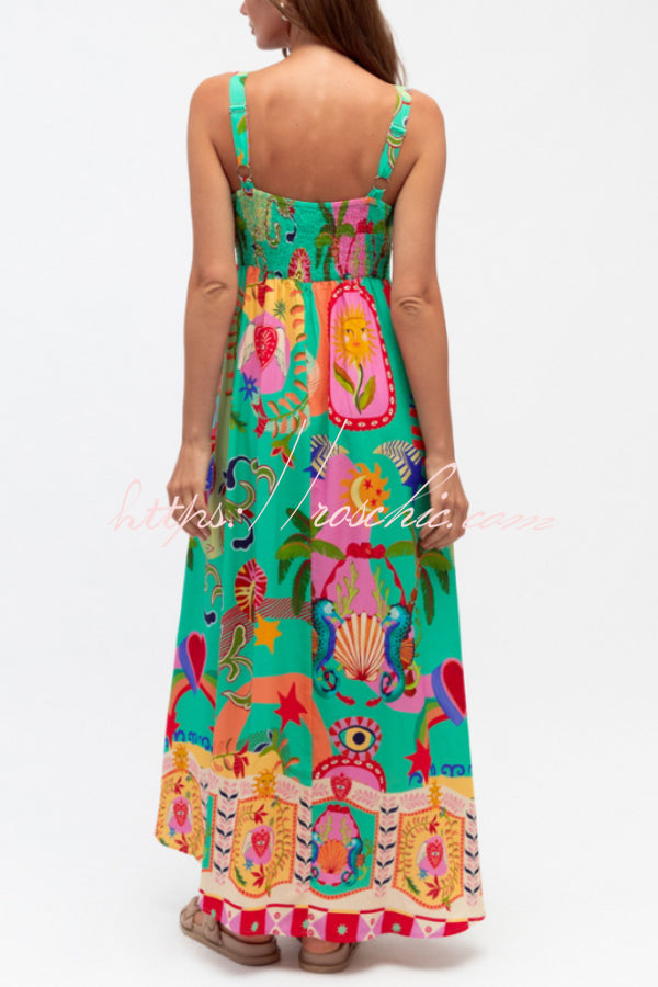 Unique Print Square Neck Spaghetti Strap Back Pleated Casual Maxi Dress