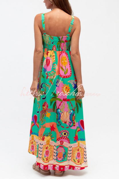 Unique Print Square Neck Spaghetti Strap Back Pleated Casual Maxi Dress