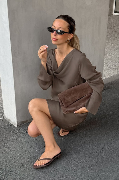 Vintage Satin Cowl Neck Long Sleeve Mini Dress