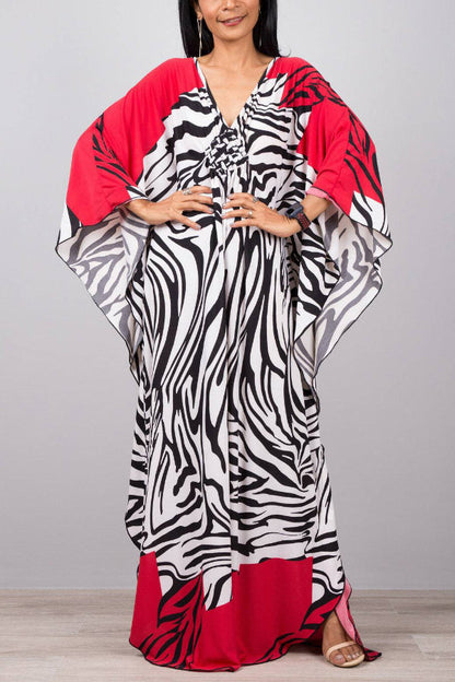 Unique Print Loose V-Neck Batwing Sleeve Casual Maxi Dress