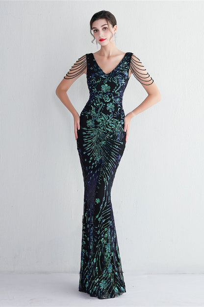 Elegant Long Slim Sequin Formal Event Sequin Dress