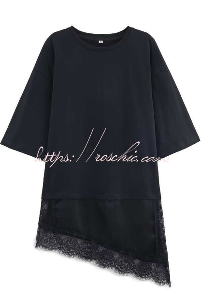 Stylish Round Neck Short-sleeved Patchwork Lace Hem Loose T-shirt
