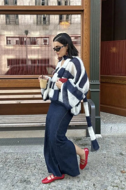 V-Neck Patchwork Knit Cardigan