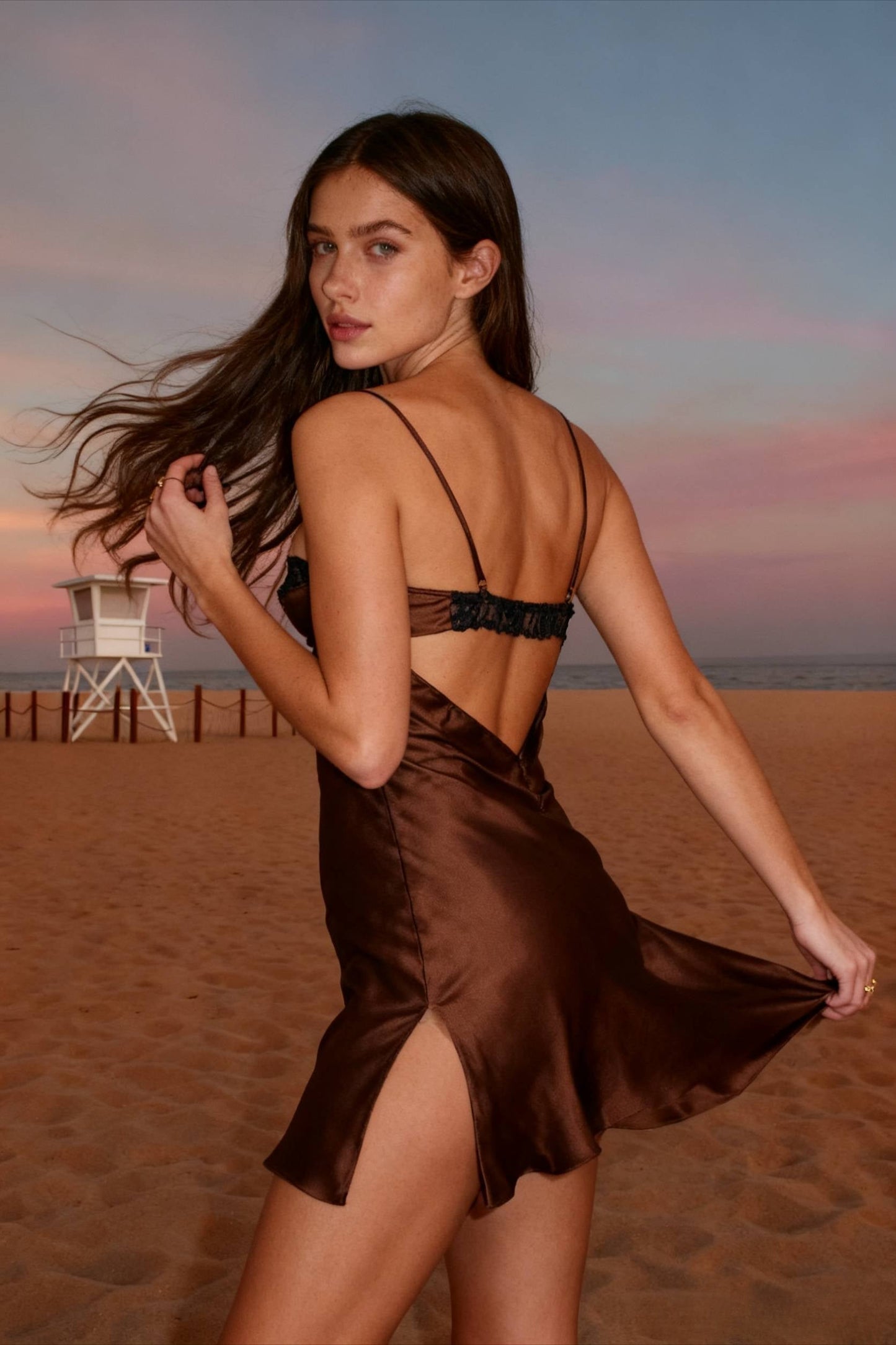 Backless Lace Paneled Trendy Satin Mini Dress