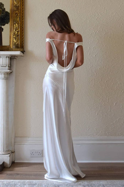 Off Shoulder Back Lace Satin Formal Dress