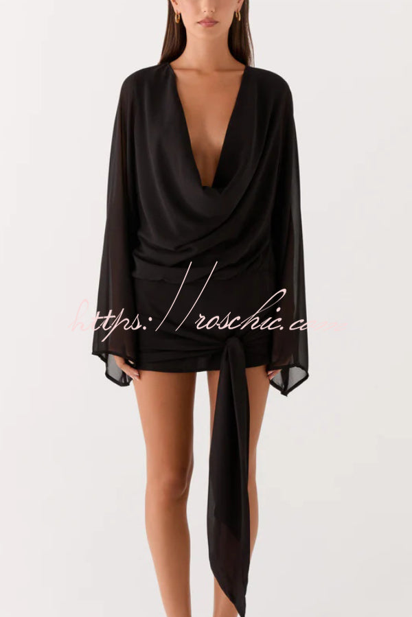 Tie-dye Print V-neck Long-sleeved Ribbon Vacation Mini Dress