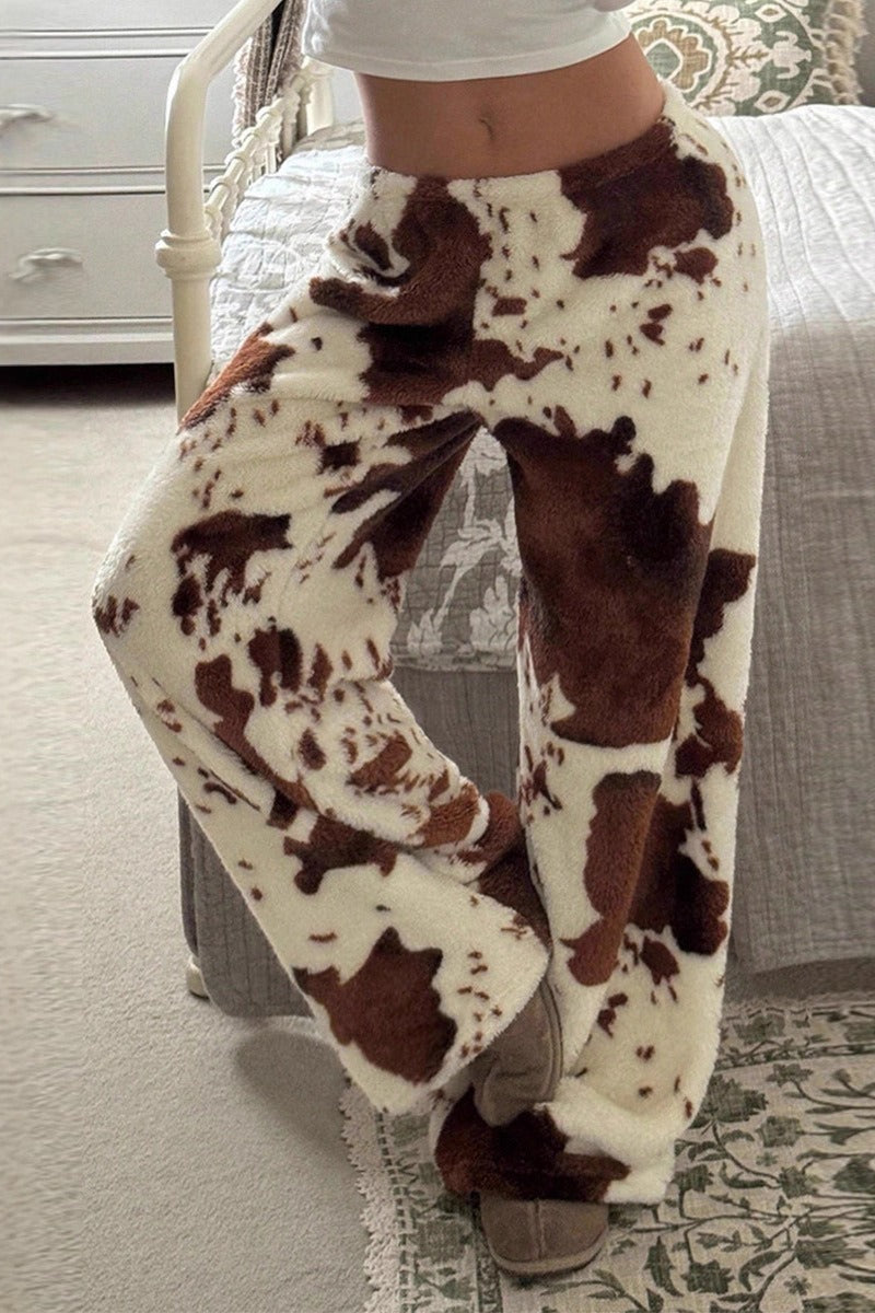 Pantalones Relaxed de Forro Polar con Estampado Juguetón de Vaca