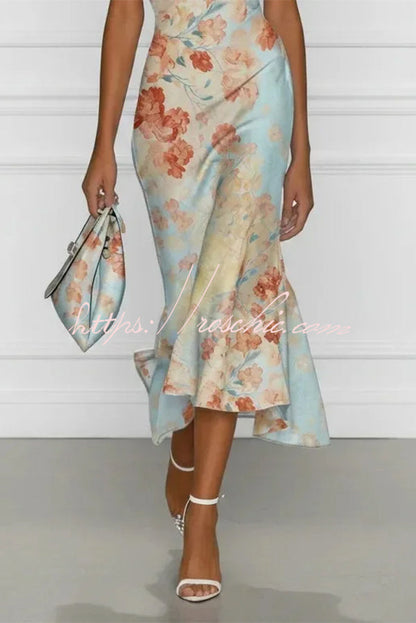 Floral Off-shoulder Sleeveless Fishtail Midi Dress