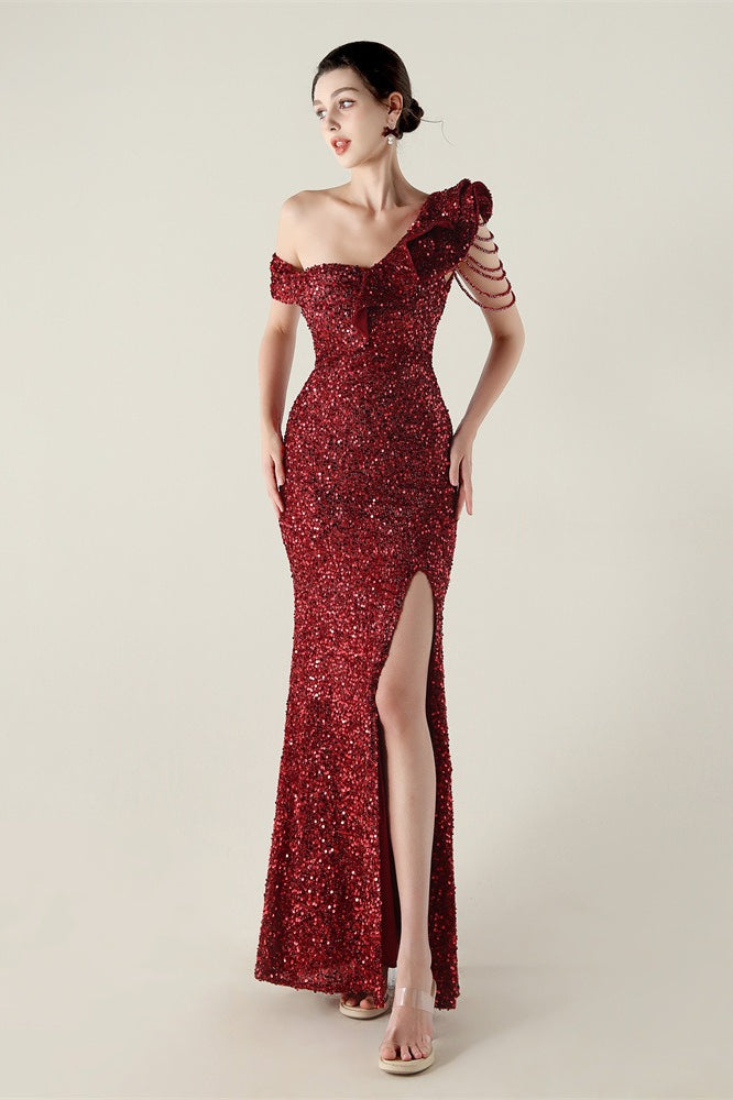 Vestido de fiesta formal con volante y un solo hombro drapeado