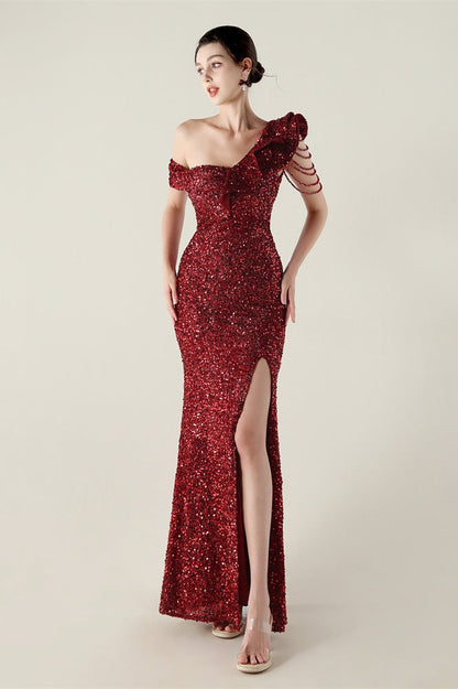 Vestido de fiesta formal con volante y un solo hombro drapeado