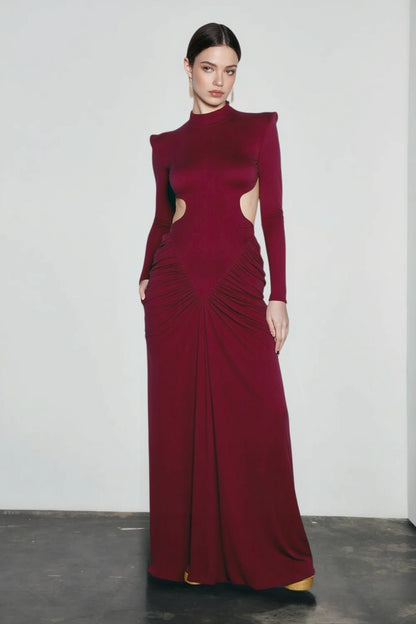 Slim Solid Long Sleeve High Neck Ruched Backless Formal Dress