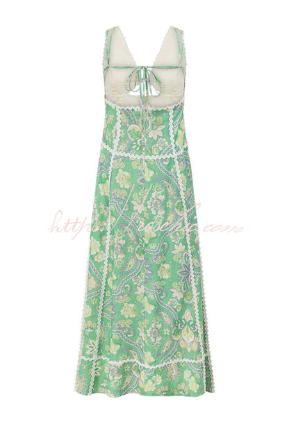 Linen Blend Unique Print V-neck Sleeveless Cutout Waist-cinching Maxi Dress