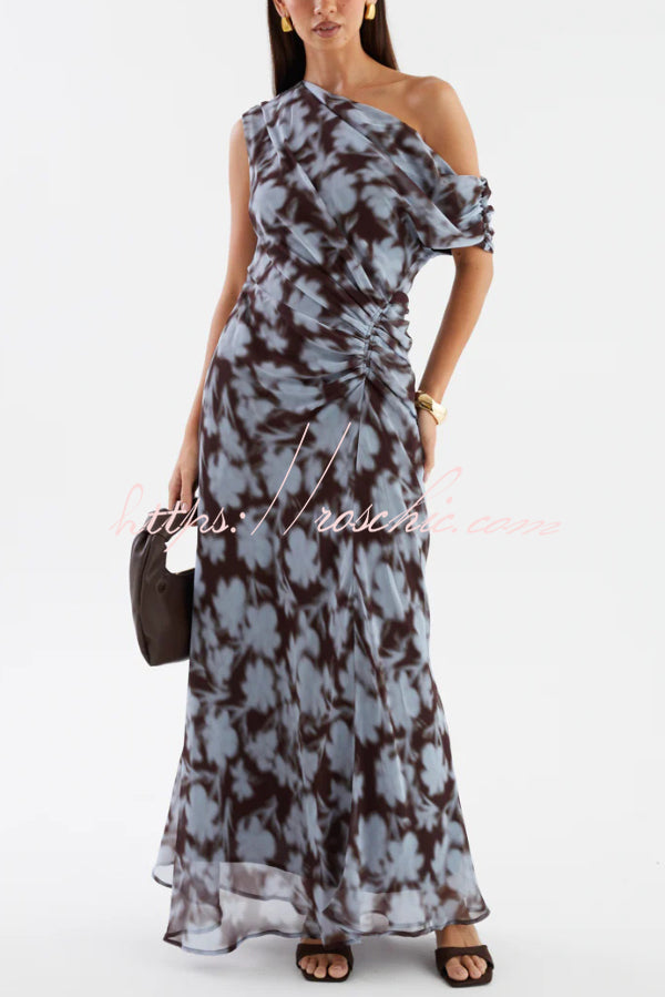 Unique Print Asymmetrical Off-Shoulder Pleated Waist Casual Maxi Dress
