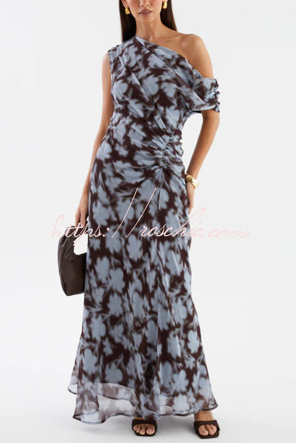 Unique Print Asymmetrical Off-Shoulder Pleated Waist Casual Maxi Dress