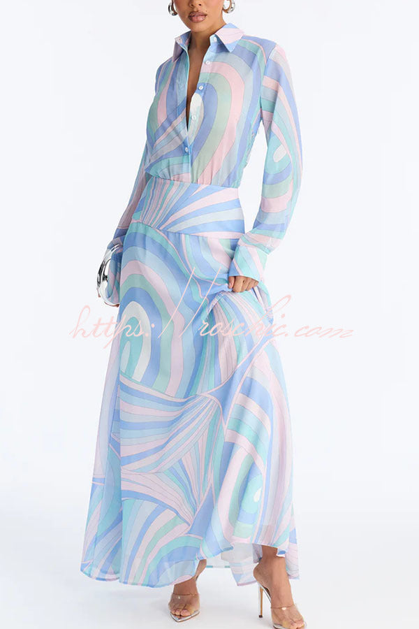 Gianna Chiffon Unique Print Button Long Sleeve Flare Hem Shirt Maxi Dress