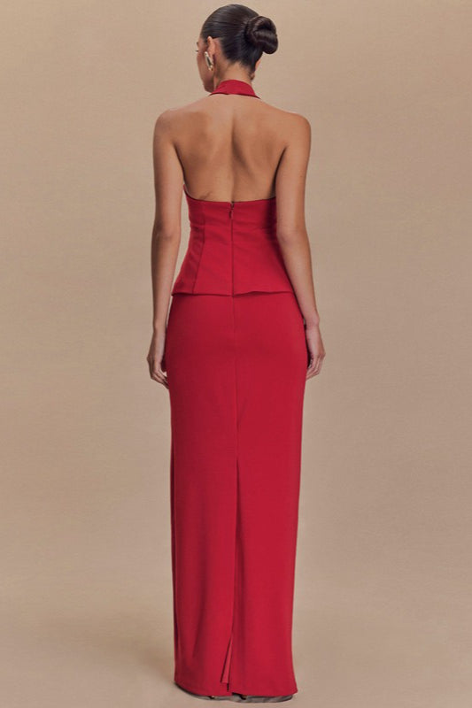 Vestido Formal Largo sin Espalda con Cuello Halter Liso