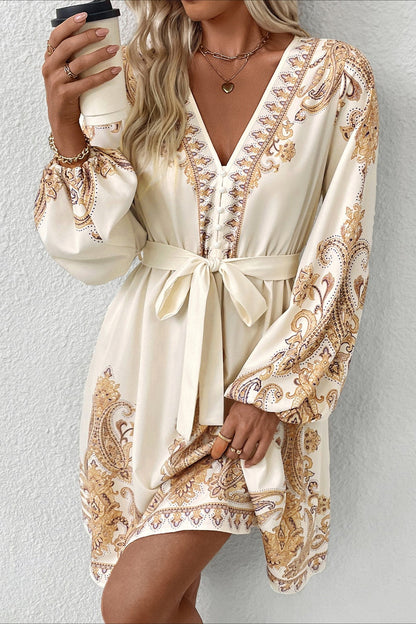 Minivestido étnico con escote en V y estampado chic de cachemira