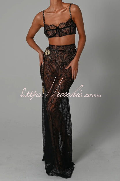 Stylish Lace Camisole Bra Top and Vacation See-through Maxi Fishtail Skirt Set
