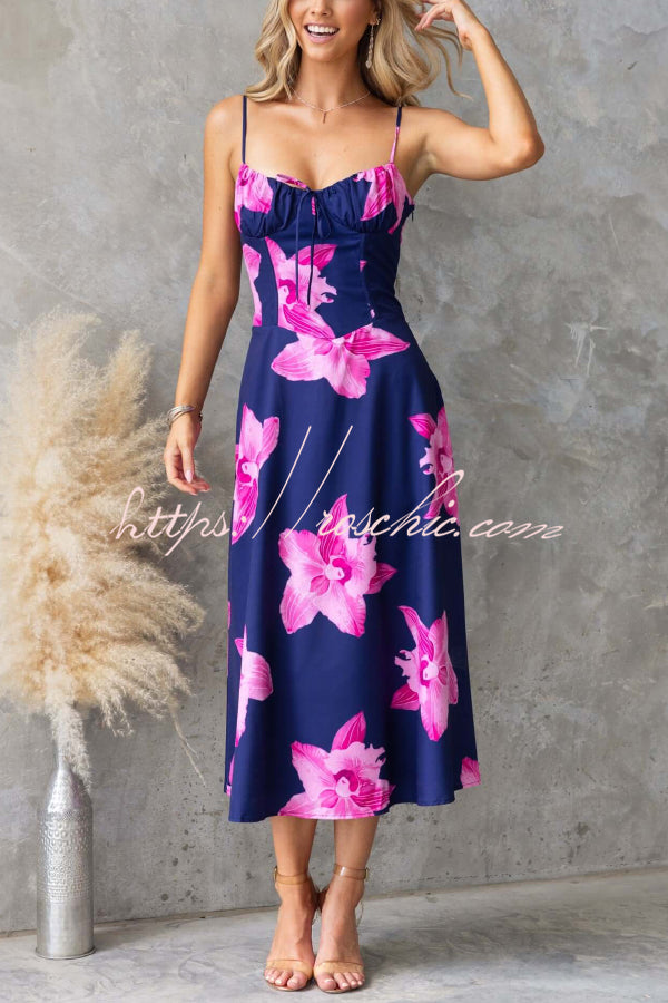 Floral Print Spaghetti Strap Backless Tie-up Elegant Slim-fit Midi Dress