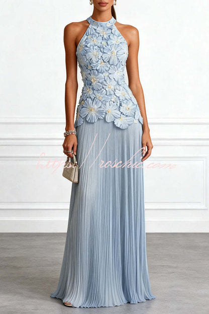 Emilie 3D Floral Embroidery Pleated Chiffon Hem Halter Neck Sleeveless Maxi Dress