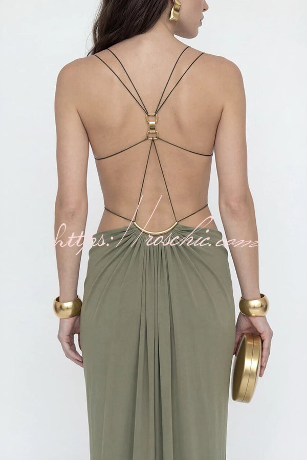 Athena Metal-Link Cutout Design Back Lace-up Drape Maxi Dress