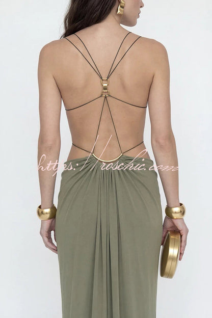 Athena Metal-Link Cutout Design Back Lace-up Drape Maxi Dress