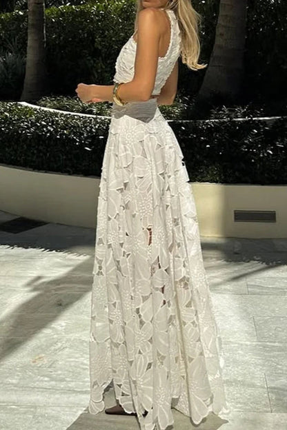 Vestido Boho Suelto de Dos Piezas de Playa con Encaje Calado