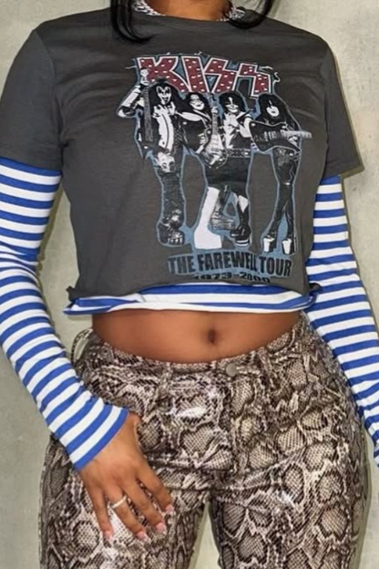 Retro Striped Color Block Print Crew Neck Crop Top