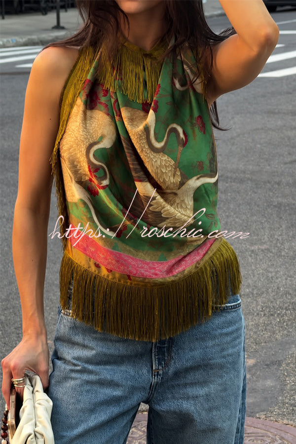 Like An Artwork Satin Color-block Crane Print Tassel Trim Halter Backless Tank