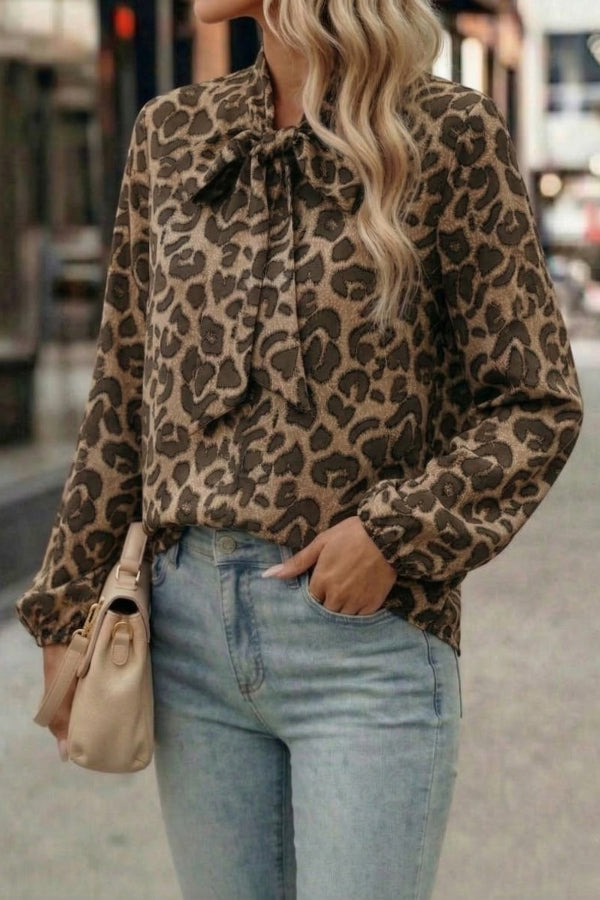 Leopard Print Bow Collar Long-sleeved Loose Shirt