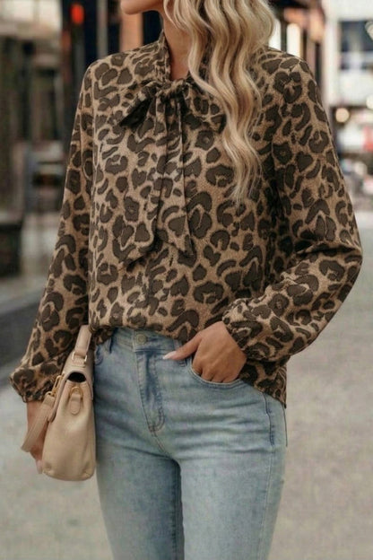 Leopard Print Bow Collar Long-sleeved Loose Shirt