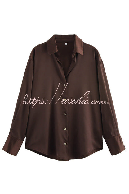 Solid Color Silk Satin Texture Single-breasted Long-sleeved Loose Shirt