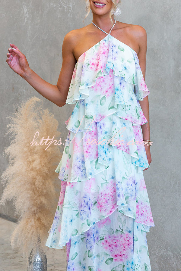 Poetic Eden Chiffon Floral Print Tiered Ruffles Halter A-line Maxi Dress