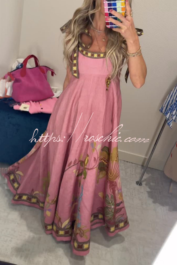 Linen Blend Unique Printed Tie-up Suspenders Pocket Elegant Vacation Maxi Dress