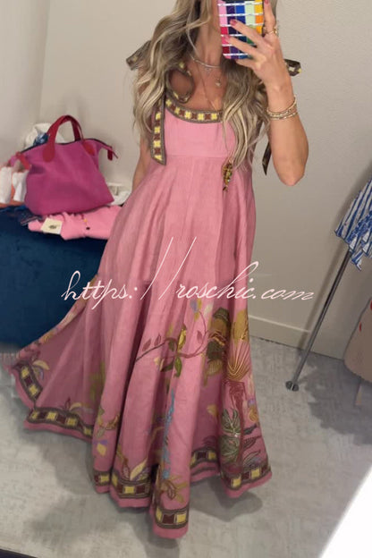 Linen Blend Unique Printed Tie-up Suspenders Pocket Elegant Vacation Maxi Dress