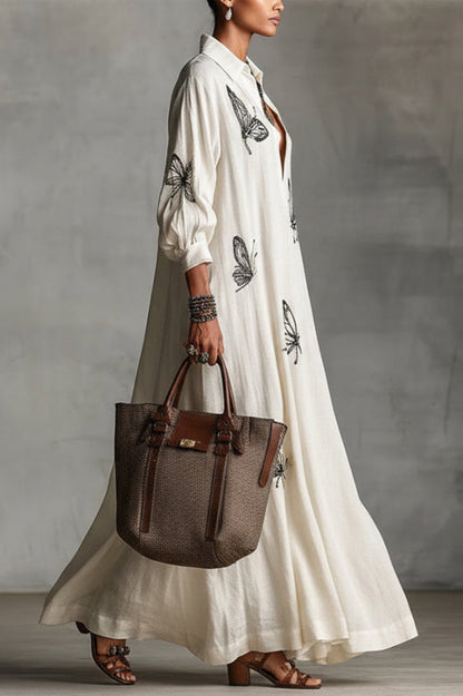 Butterfly Print V-Neck Long Sleeve Loose Casual Maxi Dress