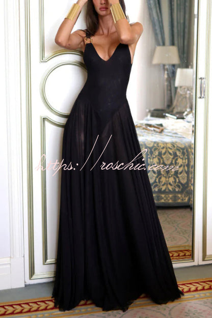 Solid Color V-neck Sleeveless Slim-fit Elegant Mesh Maxi Dress