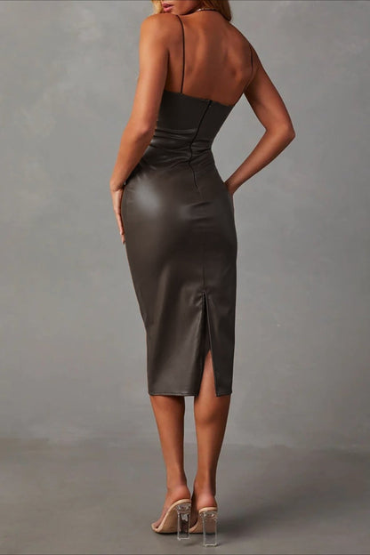 Vintage PU Leather Spaghetti Strap Bodycon Midi Dress
