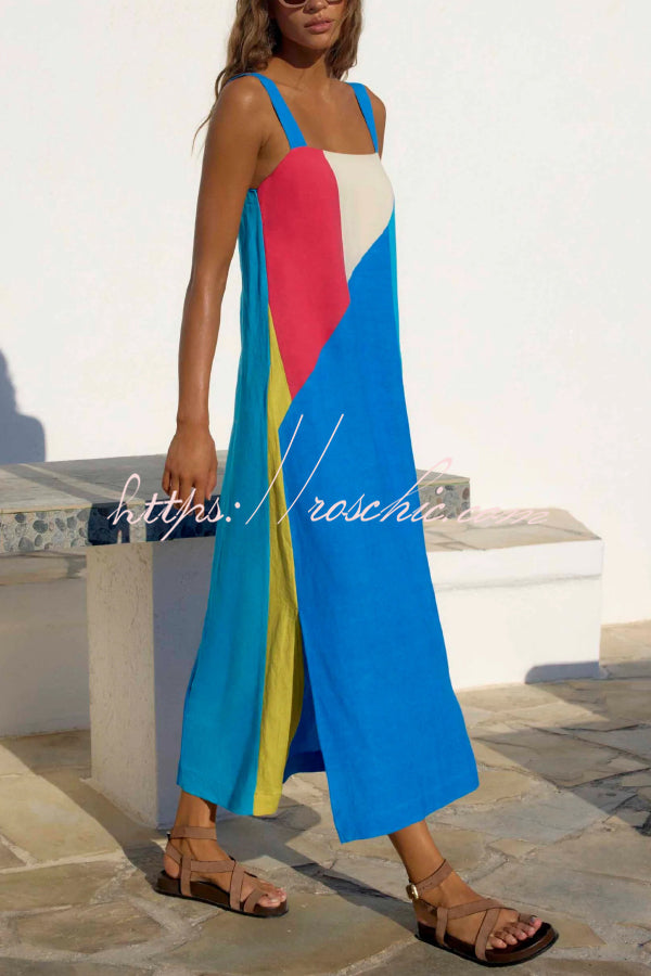 Fashionable Color-blocked Printed Square Neck Sleeveless Vacation-style Maxi Dress