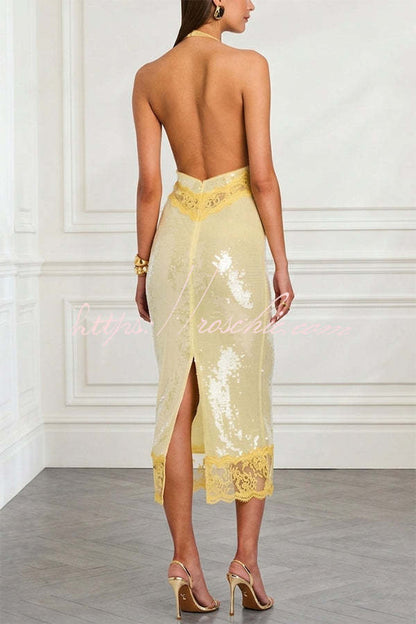 Vicky Sequin Floral Sheer Lace Trim Halter Pencil Midi Dress