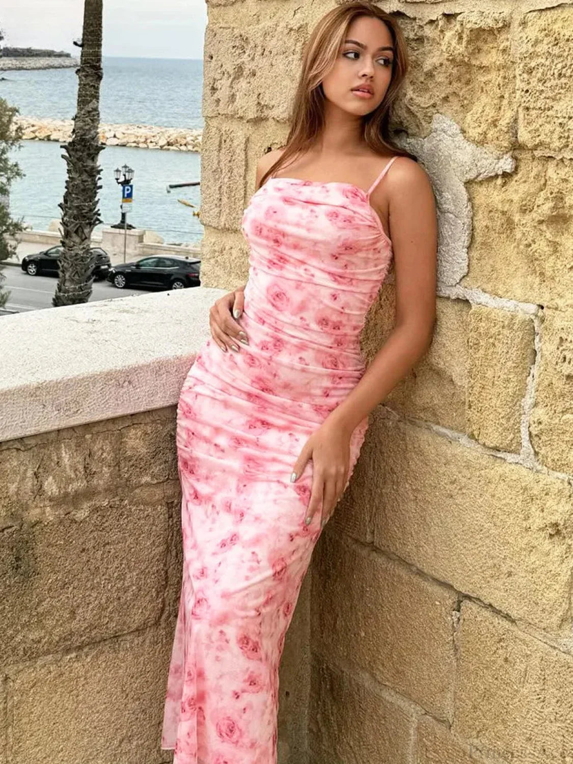 Backless Draped Floral Print Maxi Floral Dress