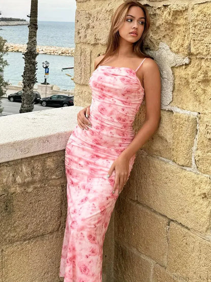 Backless Draped Floral Print Maxi Floral Dress