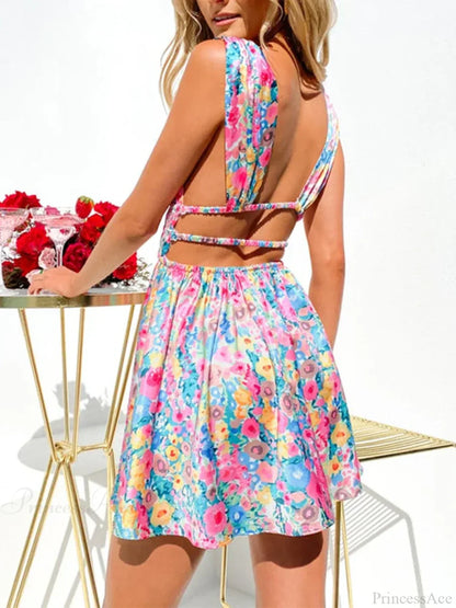 Backless Flower Print Sleeveless Deep V Mini A-Line Floral Dress