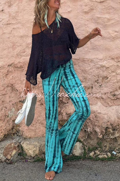 Balvin Tie Dye Print Ruched Lace-up Waist Stretch Flare Pants