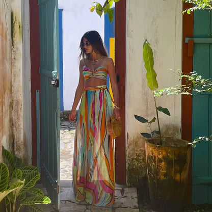 Conjunto de bikini con vendas y pantalón estampado, bañador de tres piezas