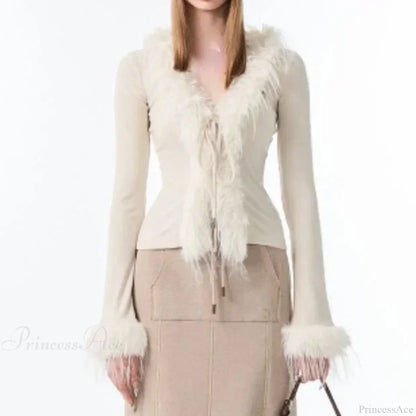Bandage Fur Patchwork V-Neck Cardigan