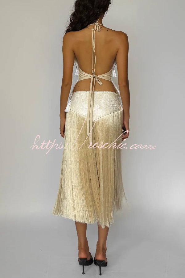Stylish Halter Neck Lace Up Tassel Pendant Backless Top
