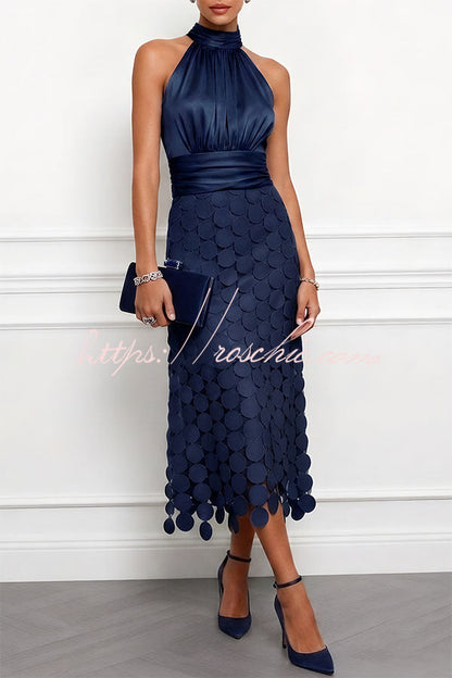 Janice Satin Ruched Halter Neck Sleeveless Embroidered Polka Dot Hem Midi Dress（Buy 2 Get Free Shipping)