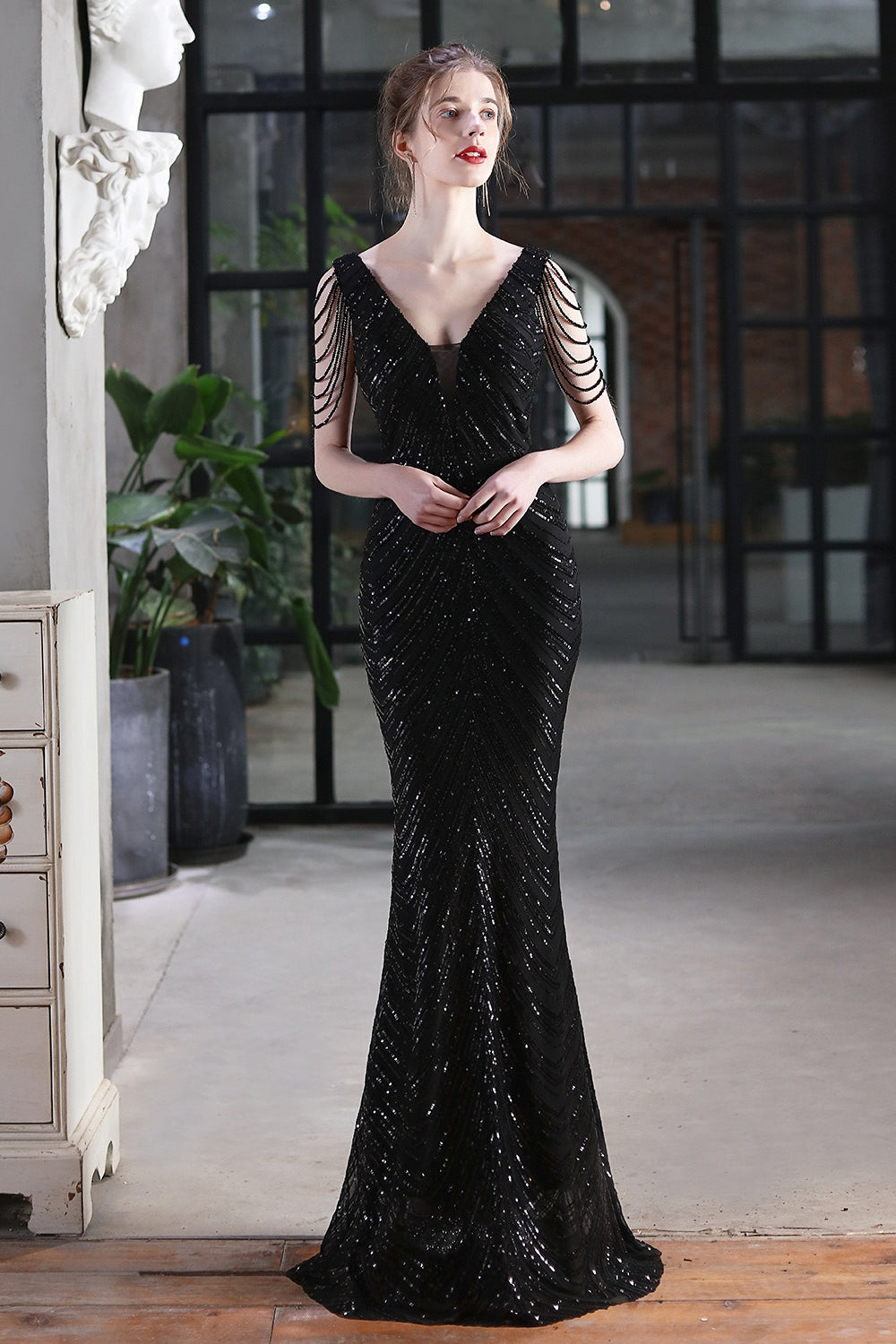 Elegante vestido de fiesta de sirena con lentejuelas