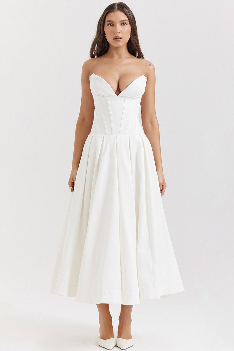 Vestido de fiesta con corsé sin tirantes y corte A